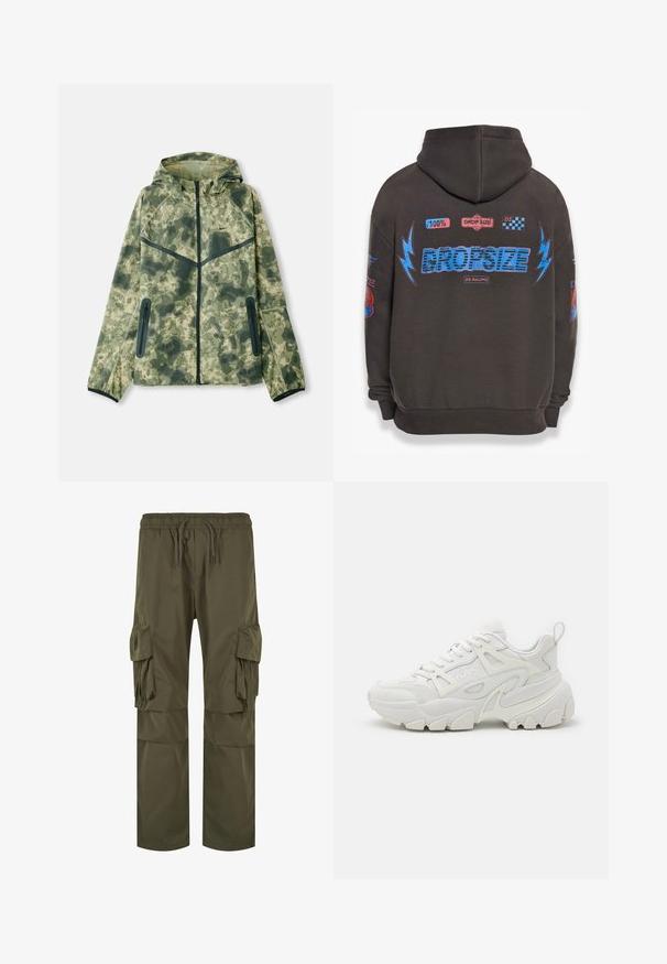 Camouflagejack met een capuchon, gemaakt van een waterafstotende stof in verschillende tinten groen, gecombineerd met zwarte accenten en ritszakken.; Donkergrijze hoodie met grote blauwe "DROPSIZE" tekst en kleurrijke graphics. Voorzien van een capuchon, geribbelde mouwen en verschillende geprinte patches.; Olijfgroene cargobroek met een elastische tailleband met koord, meerdere zijzakken en een losse pasvorm met geplooide details.; Witte sportieve sneakers met een gestructureerde bovenkant, mesh panelen, een opvallende rubberen zool en decoratieve uitsparingen aan de zijkanten.