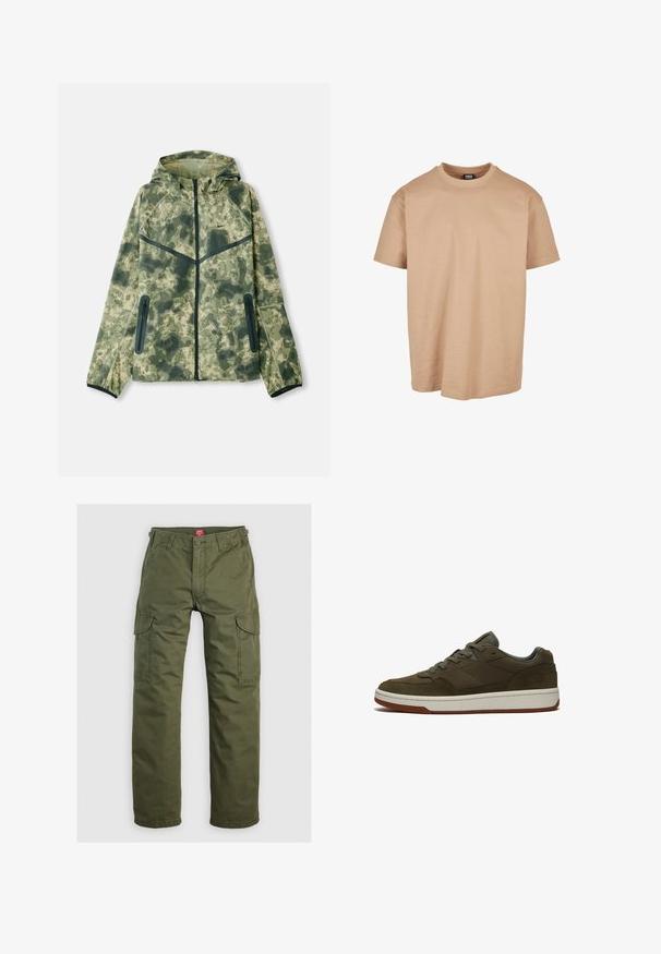 Kamuflagejakke med hætte, fremstillet af vandafvisende stof i nuancer af grønt, kombineret med sorte detaljer og lynlåslommer.; Beige bomulds t-shirt med rund hals, korte ærmer og en afslappet pasform; har en glat tekstur og et minimalistisk design.; Olivengrønne cargo bukser lavet af slidstærkt stof, med sidelommer, knaplukning og lige ben design.; Lave olivengrønne sneakers med snørelukning, hvid mellemsål, brun ydersål og subtil præget logo på hælkappen.
