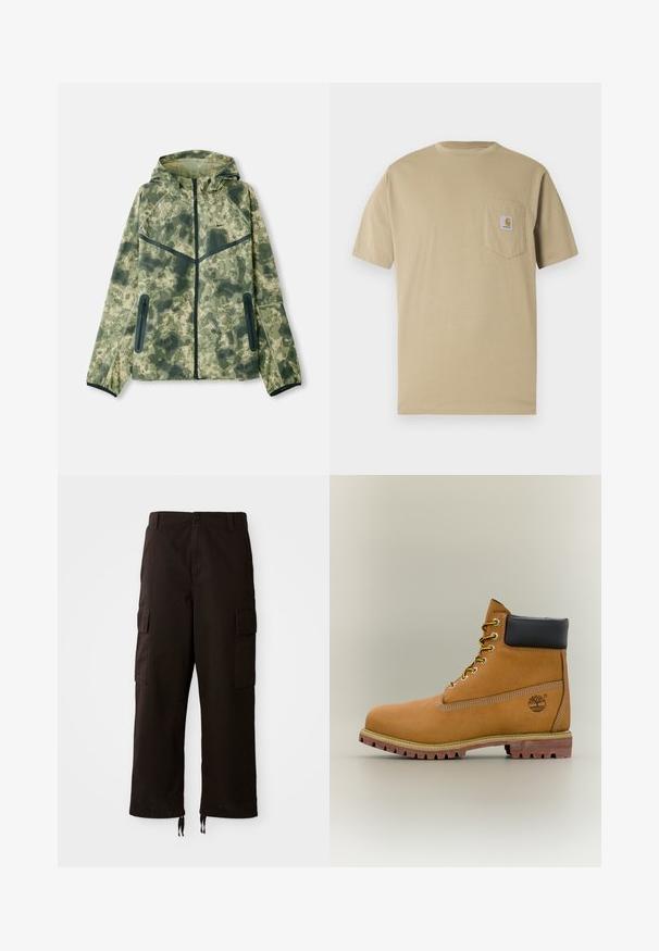 Chaqueta de camuflaje con capucha, fabricada con un tejido repelente al agua en tonos de verde, combinada con detalles en negro y bolsillos con cremallera.; Camiseta beige de manga corta hecha de algodón, con un bolsillo en el pecho izquierdo con un parche de logo. Cuello redondo clásico con un ajuste regular.; Pantalones cargo negros con un corte relajado, que cuentan con dos bolsillos laterales, cierre de botón y cuerdas ajustables en el dobladillo.; Bota de tobillo de cuero marrón con cuello negro, cordones amarillos y suela beige. Presenta un logotipo y detalles de costura blanca. Suela exterior con tracción robusta.