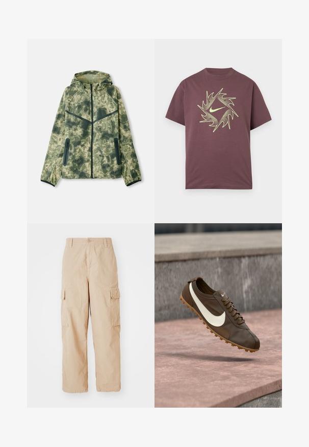 Tarnjacke mit Kapuze, aus wasserabweisendem Stoff in Grüntönen, kombiniert mit schwarzen Akzenten und Reißverschlusstaschen.; Kurzärmeliges weinrotes T-Shirt mit einem neongelben abstrakten, gezackten Kreisdesign und einem zentralen Swoosh-Logo auf der Brust.; Beige Cargo-Hose mit lockerer Passform, aus leichtem Stoff gefertigt, mit zwei seitlichen Cargo-Taschen und einem Knopfverschluss an der Taille.; Brauner Nike Laufschuh mit weißem Swoosh-Logo und Gummisohle, der über einer rosa Steinoberfläche mit grauem Stein-Hintergrund schwebt.