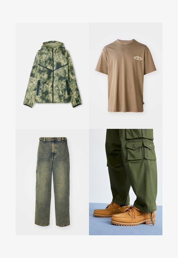 Chaqueta de camuflaje con capucha, fabricada con un tejido repelente al agua en tonos de verde, combinada con detalles en negro y bolsillos con cremallera.; Camiseta de algodón marrón con cuello redondo, mangas cortas y un logo blanco que dice "Dickies Workwear" en el lado izquierdo del pecho.; Jeans de denim holgados en un lavado azul y verde descolorido. Presenta un cierre de botón, pasadores para el cinturón y bolsillos laterales. Diseño de frente plano y pierna recta.; Timberland AUTHENTIC 3 EYE - Náuticos - wheat