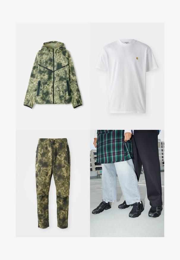 Camouflagejack met een capuchon, gemaakt van een waterafstotende stof in verschillende tinten groen, gecombineerd met zwarte accenten en ritszakken.; Witte katoenen t-shirt met korte mouwen en ronde hals, voorzien van een klein gouden logo op de linkerkant van de borst. Zachte textuur en een normale pasvorm.; Camo broek in verschillende tinten groen met een digitaal patroon. Voorzien van een elastische tailleband, trekkoord en zijzakken met rits.; Zwarte sportieve schoenen met mesh- en rubberaccenten. Draagt een lichtgrijze wijde spijkerbroek en een groen geruit shirt. Effen achtergrond.