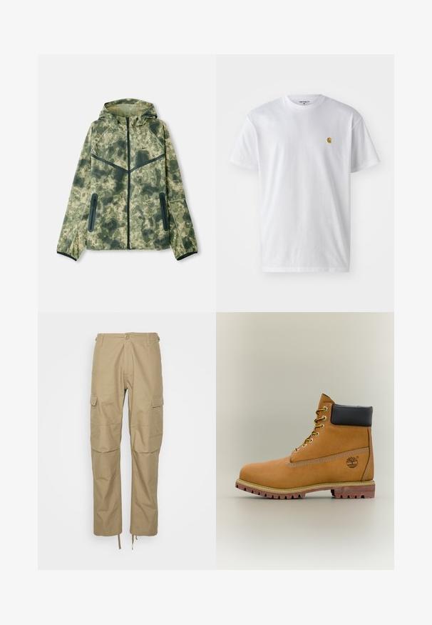 Chaqueta de camuflaje con capucha, fabricada con un tejido repelente al agua en tonos de verde, combinada con detalles en negro y bolsillos con cremallera.; Camiseta de algodón blanca con mangas cortas, cuello redondo, que presenta un pequeño logo dorado en la parte izquierda del pecho. Textura suave y corte regular.; Pantalones cargo caqui hechos de una tela ligera, con múltiples bolsillos laterales, un ajuste relajado y puños ajustables con cordón en el dobladillo.; Bota de tobillo de cuero marrón con cuello negro, cordones amarillos y suela beige. Presenta un logotipo y detalles de costura blanca. Suela exterior con tracción robusta.