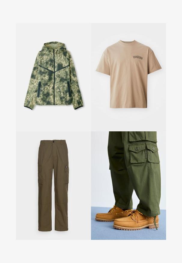 Kamuflagejakke med hætte, fremstillet af vandafvisende stof i nuancer af grønt, kombineret med sorte detaljer og lynlåslommer.; Beige bomulds-T-shirt med korte ærmer og rund hals. Har "DICKIES" printet i sort på venstre bryst. Klassisk pasform og glat tekstur.; Cargo bukser i olivengrøn, lavet af slidstærkt stof. Har to sidelommer, en standard talje og en lige ben design.; Timberland AUTHENTIC 3 EYE - Sejlersko - wheat