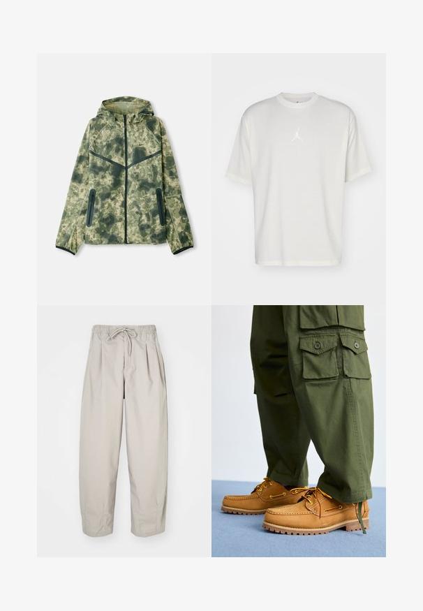Camouflagejack met een capuchon, gemaakt van een waterafstotende stof in verschillende tinten groen, gecombineerd met zwarte accenten en ritszakken.; Witte katoenen t-shirt met een ronde halslijn, korte mouwen en een klein geborduurd logo in het midden. Losse pasvorm met minimale stiksels.; Beige, lichte broek met een elastische tailleband en trekkoord. Beschikt over plooien en een losse pasvorm, gemaakt van een zachte, gladde stof.; Timberland AUTHENTIC 3 EYE - Bootschoenen - wheat