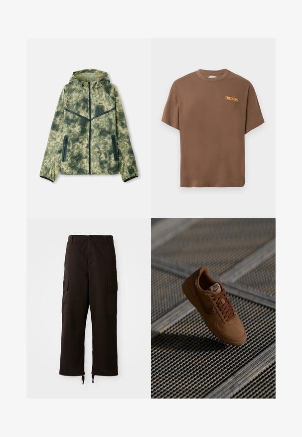 Camouflagejack met een capuchon, gemaakt van een waterafstotende stof in verschillende tinten groen, gecombineerd met zwarte accenten en ritszakken.; Bruin T-shirt met korte mouwen en ronde hals, met een klein geel "DICKIES" logo op de linkerborst, tegen een effen witte achtergrond.; Zwarte cargobroek met een relaxte pasvorm, voorzien van twee zijzakken, een knoopsluiting en verstelbare trekkoorden aan de onderkant.; Bruin suède sneaker met mesh details, ronde neus en platte veters. Kenmerkt zich door een tan rubberen zool en een subtiele Nike-logo aan de zijkant.