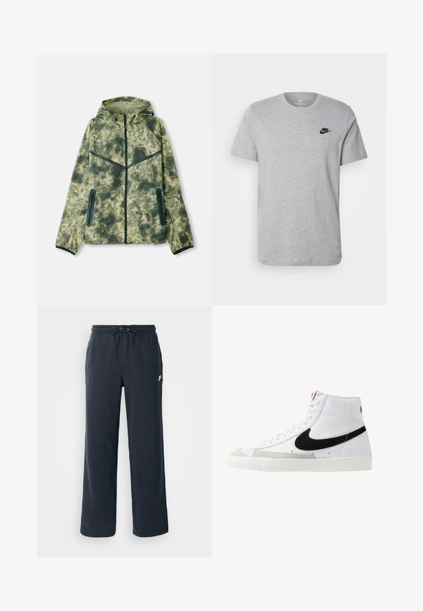 Tarnjacke mit Kapuze, aus wasserabweisendem Stoff in Grüntönen, kombiniert mit schwarzen Akzenten und Reißverschlusstaschen.; Graues T-Shirt mit kurzen Ärmeln aus Baumwolle, mit einem schwarzen Nike-Logo auf der Brust und einem runden Ausschnitt. Minimalistisches Design ohne Muster.; Dunkelblaue Sweatpants mit einem elastischen Bund und Kordelzug. Hergestellt aus weichem Stoff, mit einem kleinen weißen Logo auf der linken Hüfte.; Weiße High-Top-Sneaker mit einem schwarzen Swoosh, strukturiertem grauen Zehenkappeneinsatz und flacher weißer Sohle. Verfügt über sechs Ösen und genähte Akzente.