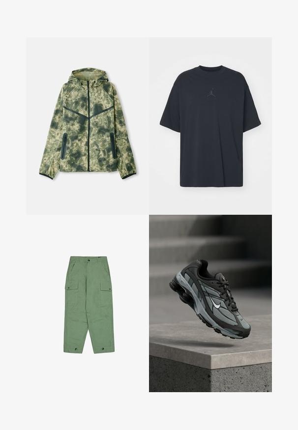 Camouflagejack met een capuchon, gemaakt van een waterafstotende stof in verschillende tinten groen, gecombineerd met zwarte accenten en ritszakken.; Zwarte katoen T-shirt met een losse pasvorm, ronde hals, korte mouwen, met een subtiele logo en de tekst "AIR" boven het logo in het midden.; Groene cargo broeken met een ontspannen pasvorm, twee grote zijzakken en verstelbare enkels. Gemaakt van gestructureerde katoenstof.; Grijze en zwarte sportieve sneaker met meshpanelen en dikke zool, zwevend in de lucht boven een betonnen richel met trappen op de achtergrond.