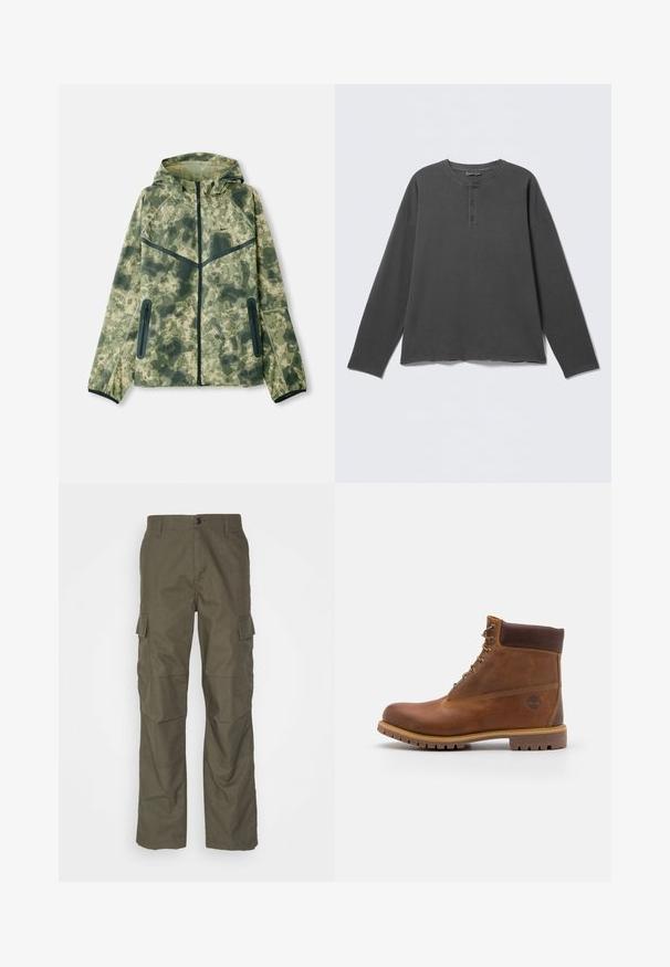 Kamuflagejakke med hætte, fremstillet af vandafvisende stof i nuancer af grønt, kombineret med sorte detaljer og lynlåslommer.; Mørkegrå langærmet henley-shirt med rund halsudskæring og tre knapper på frontpladen.; Olivenfarvede cargo bukser med lige snit, lavet af tekstureret stof. Har store sidelommer og knaplukning.; Brun læder vandrestøvle med en glat finish, polstret ankel, metalliske snørehuller og en gummisål med et robust dækmønster.
