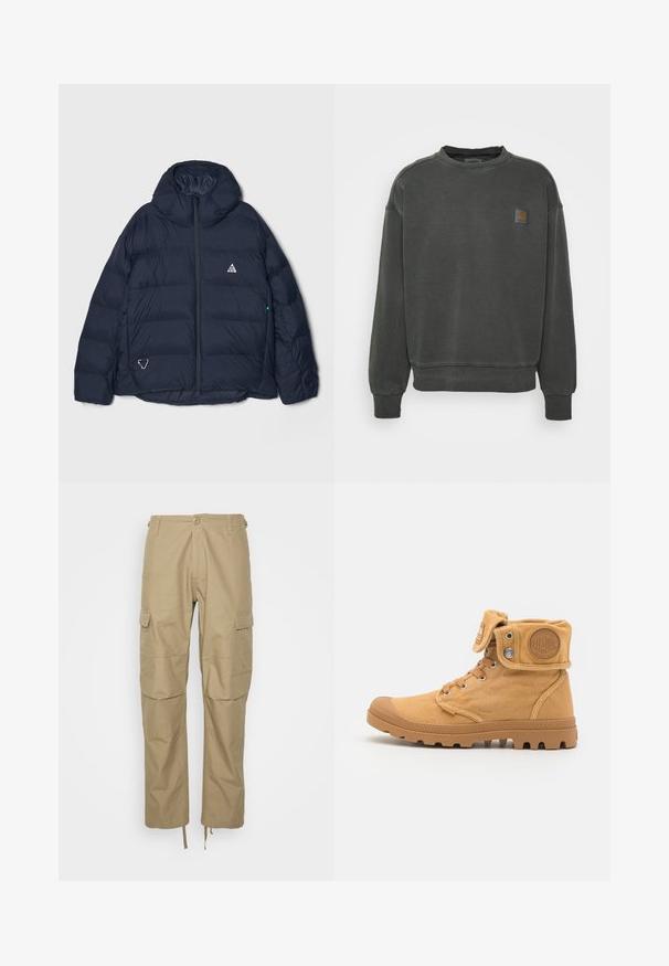 Marineblauwe gewatteerde jas met een hoge kraag, ritssluiting en een driehoekig logo. Voorzien van doorgestikte delen en een textuur met isolerend ontwerp.; Carhartt WIP NELSON - Sweater - black garment dyed; Khaki cargobroeken van lichtgewicht stof, met meerdere zijzakken, een ontspannen pasvorm en verstelbare trekkoorden bij de zoom.; Tan canvas enkelboot met rubberen neuskap en gripzool. Voorzien van een rond logo-patch, vetersluiting aan de voorkant en een opgevouwen manchet ontwerp.