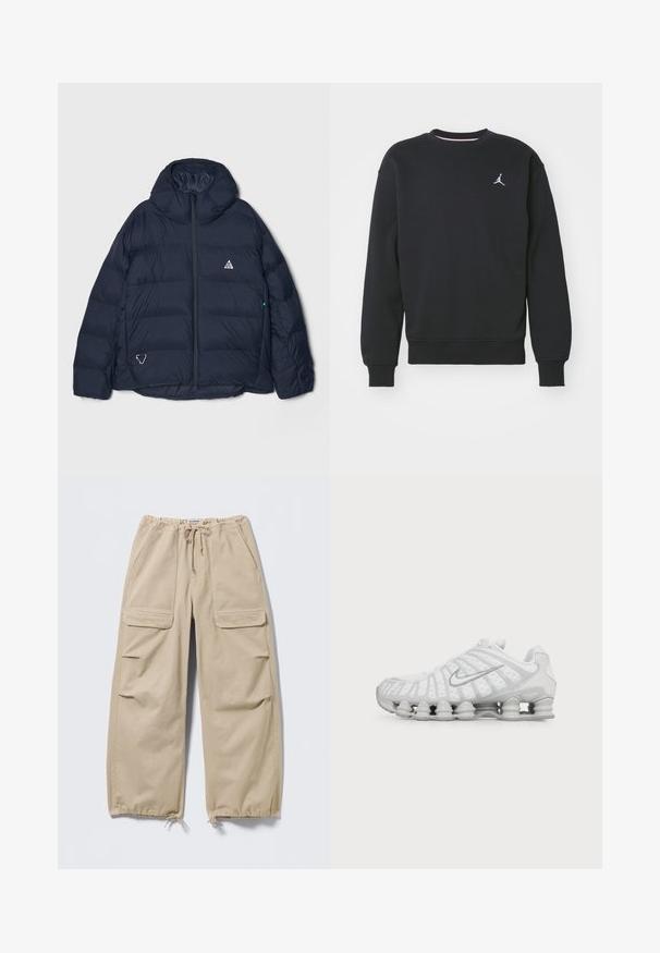 Marineblå puffjakke med høj krave, lynlåslukning og et trekantet logo. Indeholder quiltede sektioner og et tekstureret, isoleret design.; Sort sweatshirt lavet af bomuldsblanding, med rund hals, ribbede manchetter og Jordan-logoet broderet på brystet.; Beige cargobukser med vide ben, snoretræk i talje og ved benslutterne, klaplommer på lårene og sidelommer med slidser.; Hvid Nike løbesko med synlig luftstøbt sål og sølv swoosh-logo på siden, vist fra ydersiden.