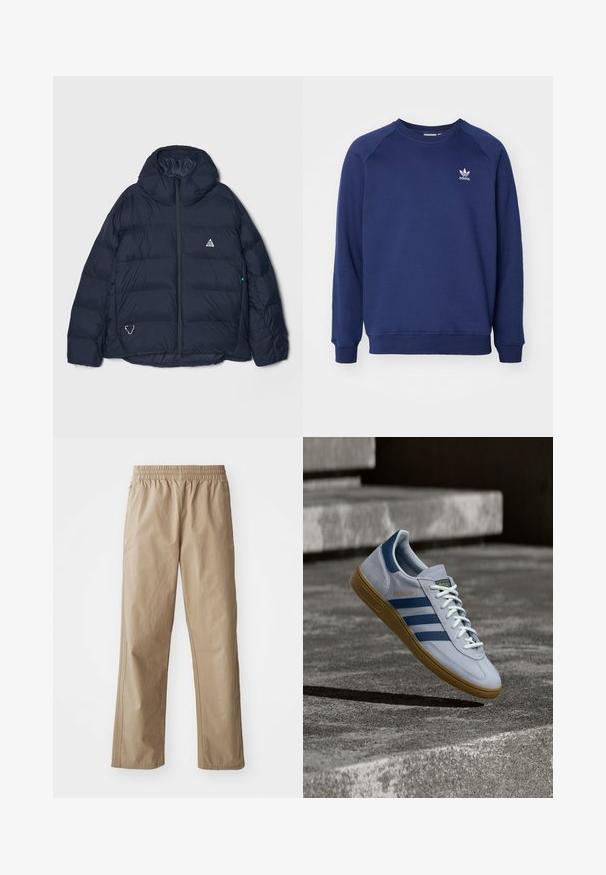 Marineblaue Steppjacke mit hohem Kragen, Reißverschluss und einem dreieckigen Logo. Verfügt über gesteppte Abschnitte und ein strukturiertes, isoliertes Design.; Dunkelblauer Sweatshirt aus weichem Stoff, mit Rundhalsausschnitt, Raglanärmel und kleinem weißen adidas-Logo auf der Brust.; Beige, leichte Hose mit elastischem Bund, geraden Beinen und Seitentaschen. Glatte Textur mit dezenten Steppnähten.; Hellblauer Adidas Spezial Sneaker mit dunkelblauen Streifen und Gummisohle, in der Luft über Betontreppen in neutralem Außenbereich gezeigt.