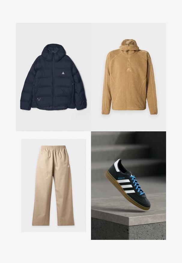 Marineblauwe gewatteerde jas met een hoge kraag, ritssluiting en een driehoekig logo. Voorzien van doorgestikte delen en een textuur met isolerend ontwerp.; Fleece pullover in lichtbruin, met een halve ritssluiting, lange mouwen en textiel met een gestructureerd oppervlak en tonale zijkosten.; Beige wijde broek met elastische tailleband en klein wit Adidas-logo op de bovenste linker dij, afgebeeld tegen een effen achtergrond.; Zwarte Adidas-sneaker met witte strepen, blauwe veters en een gumzool die boven een grijze betonnen trede zweeft in zacht licht.