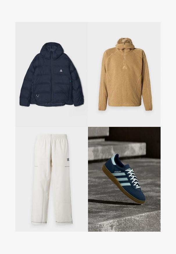 Marineblaue Steppjacke mit hohem Kragen, Reißverschluss und einem dreieckigen Logo. Verfügt über gesteppte Abschnitte und ein strukturiertes, isoliertes Design.; Fleece-Pullover in Hellbraun, mit einem halben Reißverschluss, langen Ärmeln und strukturiertem Stoff mit tonalen Seitenstreifen.; Weiße Sporthose mit elastischem Bund, seitlichen Taschen sowie schwarzem Adidas-Logo und Ziernähten. Glatter, leichter Stoff.; Blauer Adidas Spezial Sneaker mit weißen Streifen und Schnürsenkeln, Gummisohle, schwebend über rauer Betonoberfläche und Treppen im Hintergrund.