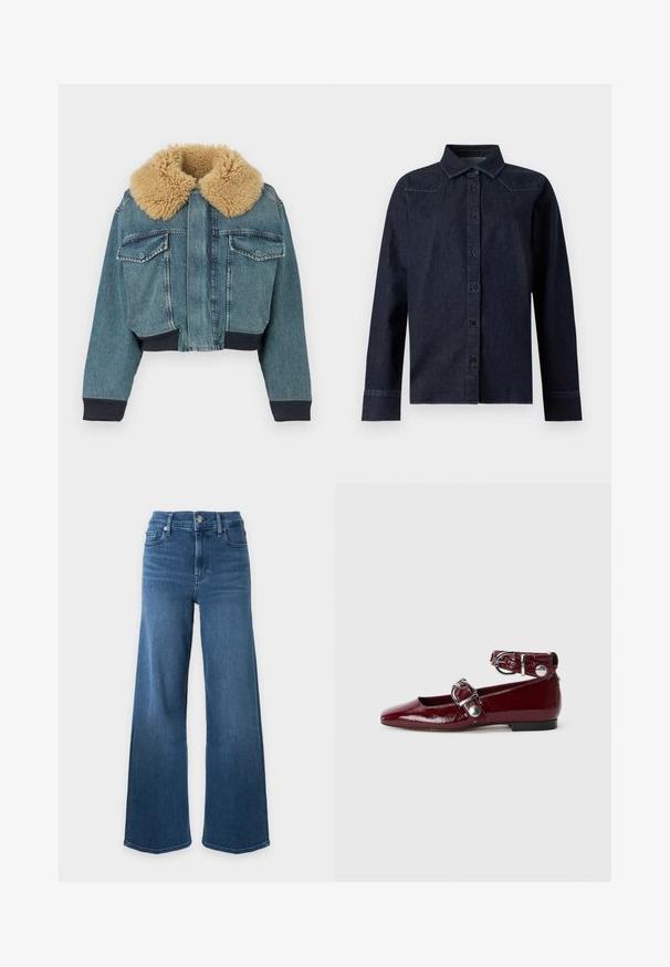 Veste en denim avec grand col en fausse fourrure beige, poches à rabat sur le devant, poignets côtelés et taille côtelée sur fond blanc.; Chemise en denim bleu foncé à manches longues, boutonnée sur le devant, col pointu, avec des détails de couture simples aux épaules et aux poignets.; Jean en denim bleu taille haute avec jambes larges, fermeture devant par bouton et zip, design classique cinq poches sur fond blanc.; Ballerines en cuir verni bordeaux avec un bout pointu, une bride de cheville avec une boucle en argent et un petit talon. Texture lisse sur l'ensemble.
