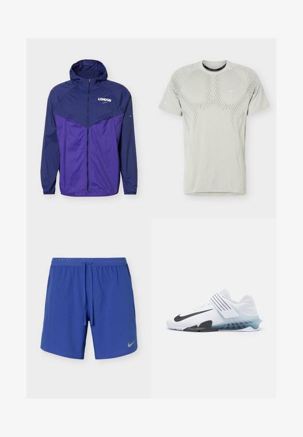 Lahka kapuca jopica v mornarsko modri in vijolični barvi z zadrgo spredaj in napisom "LONDON" z majhnim logotipom swoosh na prsih.; Svetlo siva športna majica s kratkimi rokavi z vzorcem z luknjicami in majhnimi belimi logotipi Nike Swoosh na prsih in rokavu.; Modri športni kratki hlači z elastičnim pasom, vrvico, stranskimi žepi in majhnim odsevnimi logotipom Nike na levi nogi.; Bela atletska čevlja z črnim Nike swooshom, mrežastim zgornjim delom, tremi črnimi črtami in gradientno modro do prozorno podplatom. Vsebuje ojačane akcentne detajle.