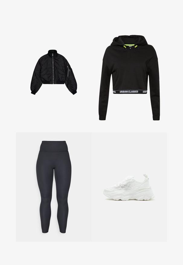 Veste bomber noire courte avec col montant, fermeture éclair, poignets élastiques et deux poches avant. Texture lisse et brillante avec un léger éclat.; Haut à capuche noir court en tissu doux, avec un capuchon à cordon de serrage aux accents verts et une bande de logo blanc le long de l'ourlet.; Leggings noires côtelées taille haute avec un design ajusté, une texture lisse et une coupe longue. Dotés d'une ceinture large pour un meilleur maintien.; Baskets blanches épaisses avec lacets sur le devant, panneaux latéraux en mesh floral et semelle épaisse sculptée, vues de profil gauche sur fond uni.