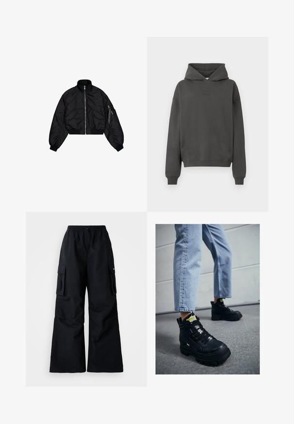 Musta lyhyt bomber-takki, jossa on korkea kaulus, vetoketjukiinnitys, joustavat hihansuut ja kaksi etutaskua. Sileä, kiiltävä pinta, jossa on hienoinen kiilto.; Tumma harmaa huppari, joka on valmistettu pehmeästä materiaalista. Siinä on joustava huppu, ribbien hihansuut ja hienovarainen logo, joka on painettu eteen.; Mustat cargo-housut, joissa on leveät lahkeet, elastinen vyötärö, säädettävä nyöri ja kaksi sivutaskua. Valmistettu sileästä, kevyestä kankaasta.; Mustat korkeavartiset tennarit, joissa on paksu pohja, nauhakiinnitys, logotunnisteita ja keltaisia tarroja. Yhdistetty vaaleansinisiin lyhytlahkeisiin farkkuihin.