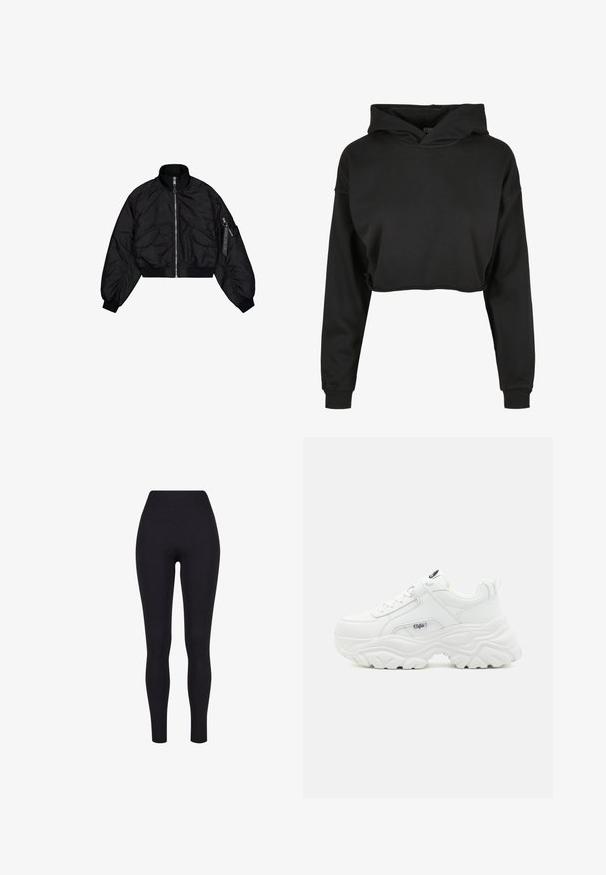 Μαύρο κοντό bomber jacket με ψηλό γιακά, κλείσιμο με φερμουάρ, ελαστικές μανσέτες και δύο μπροστινές τσέπες. Λείο, λαμπερό υφή με ελαφριά γυαλάδα.; Μαύρο cropped hoodie από μαλακό ύφασμα με κουκούλα με κορδόνι, μακριά μανίκια και ριμπ τελειώματα, με καθαρό και απλό σχέδιο.; Μαύρο κολάν ψηλής μέσης, κατασκευασμένο από ελαστικό ύφασμα, με λείες υφές και εφαρμοστή σχεδίαση χωρίς ορατές ραφές ή μοτίβα.; Λευκά χοντρά αθλητικά παπούτσια με λείο δέρμα, στρογγυλή μύτη και παχύ υφασμάτινο πέλμα με ορατό λογότυπο της μάρκας στο πλάι.