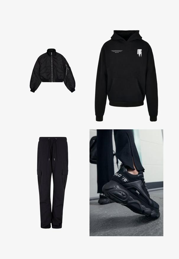 Μαύρο κοντό bomber jacket με ψηλό γιακά, κλείσιμο με φερμουάρ, ελαστικές μανσέτες και δύο μπροστινές τσέπες. Λείο, λαμπερό υφή με ελαφριά γυαλάδα.; Μαύρο φούτερ με κουκούλα και μπροστινή τσέπη, μικρό λευκό κείμενο στο πάνω αριστερό μέρος του στήθους και στυλιζαρισμένο λογότυπο "MG" στο πάνω δεξί μέρος του στήθους.; Μαύρο παντελόνι cargo φτιαγμένο από μαλακό ύφασμα, με ελαστική μέση και κορδόνια, καθώς και πλαϊνές τσέπες. Σχεδίαση ίσιας γραμμής.; Κλείσιμο σε έναν άνθρωπο που φοράει μαύρα sneakers Buffalo με παχιά σόλα, όρθιος σε γκρίζο σκυρόδεμα, με μαύρο παντελόνι και σακίδιο πλάτης.