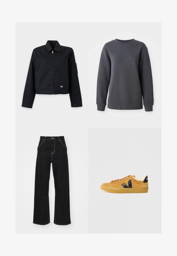 Sort lynlåstrøje med krave, lange ærmer, lille logopatch nær kanten og en nyre lomme på venstre overærme.; Grå sweatshirt lavet af tekstureret stof, med rund hals, lange ærmer og ribbede manchetter og kant, i en afslappet pasform.; Svarte jeans med vide ben lavet af denim. Har kontrastfuld hvid syning, forlommer og en knaplukning i taljen.; Brune ruskinds sneakers med sorte logo-detaljer, snørredesign, blødt for og gummisål. Har struktureret overflade og rund tå.