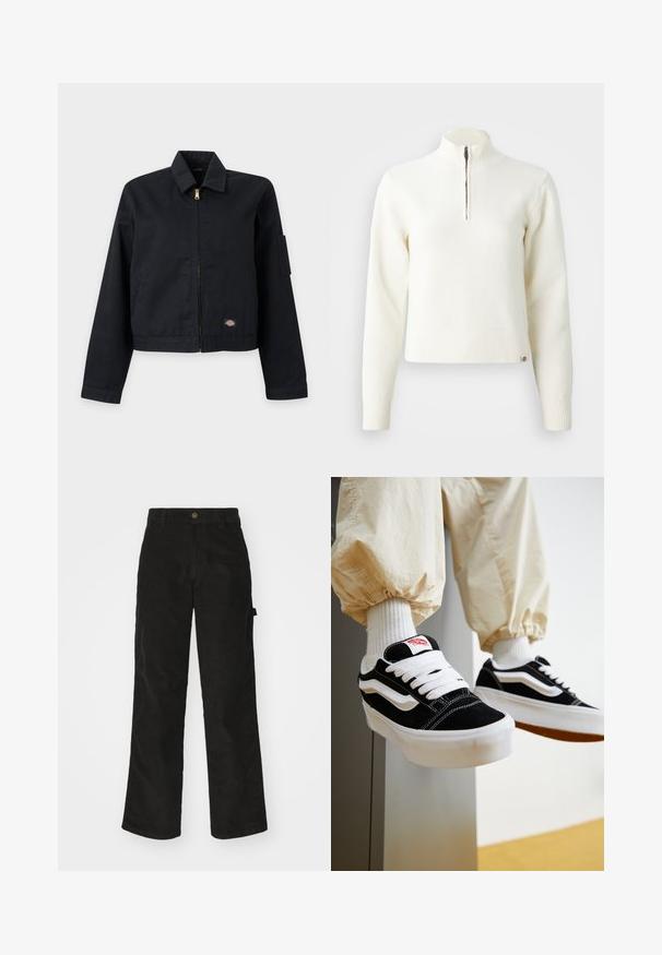 Schwarze Jacke mit Reißverschluss und Kragen, langen Ärmeln, kleinem Logo-Patch nahe am Saum und einer Utility-Tasche am linken oberen Ärmel.; Weißer Sweater mit Reißverschluss am Hals und langen Ärmeln. Aus weichem Strickmaterial gefertigt, mit gerippten Bündchen und Saum. Dezentes Markenlogo am Saum.; Schwarze Cordhosen mit geradem Schnitt, ausgestattet mit einem Knopfverschluss und einer Seitenlasche. Glatte Textur mit feinen verticalen Streifen.; Person, die schwarz-weiße Vans-Sneaker mit weißen Schnürsenkeln, weißen Socken und beigen Hosen mit elastischen Bündchen trägt.