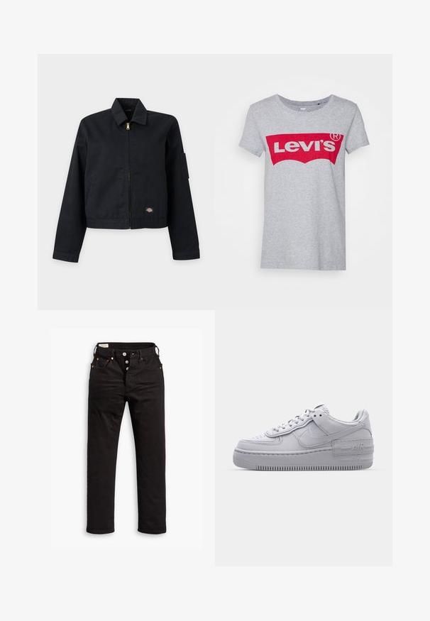 Chaqueta negra con cremallera, con cuello, mangas largas, pequeño parche con logo cerca del dobladillo y bolsillo utilitario en la parte superior izquierda de la manga.; Camiseta de algodón gris con un gran logo rojo de Levi's en el pecho, con un clásico escote redondo y mangas cortas.; Vaqueros negros de pierna recta con cierre de botón, bolsillos delanteros y traseros, y detalles de remaches de cobre sobre un fondo blanco.; Zapatilla Nike Air Force 1 gris con puntera perforada, parte superior de cuero suave, suela gruesa y detalle en relieve 'AIR' en el talón.