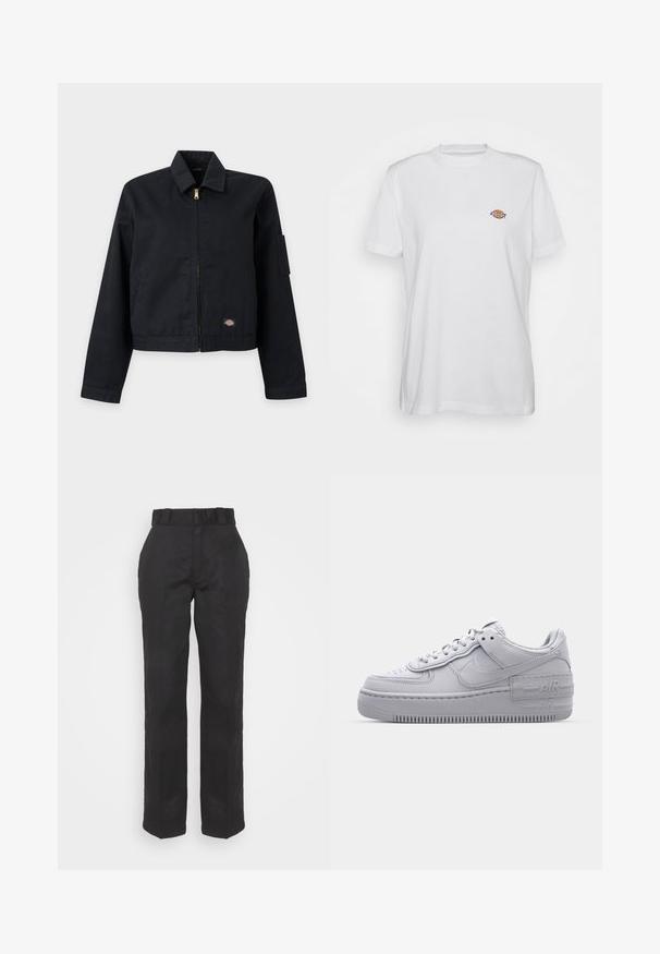 Chaqueta negra con cremallera, con cuello, mangas largas, pequeño parche con logo cerca del dobladillo y bolsillo utilitario en la parte superior izquierda de la manga.; Camiseta de algodón blanca con cuello redondo y mangas cortas, que presenta un pequeño logotipo colorido de "Diesel" bordado en el pecho.; Pantalones negros con una textura suave, diseño de pierna recta y cintura con cinturón. Presenta una silueta simple y clásica sin patrones adicionales.; Zapatilla Nike Air Force 1 gris con puntera perforada, parte superior de cuero suave, suela gruesa y detalle en relieve 'AIR' en el talón.
