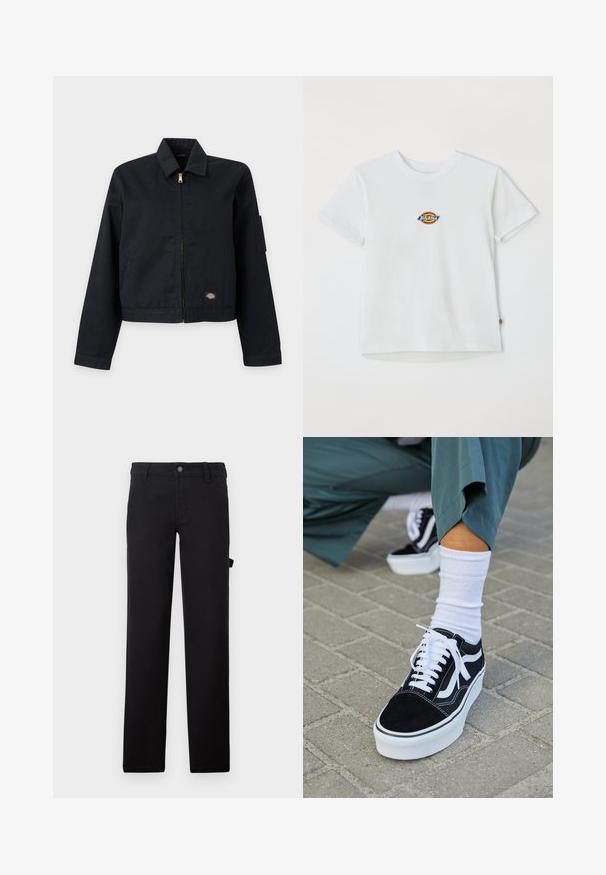 Schwarze Jacke mit Reißverschluss und Kragen, langen Ärmeln, kleinem Logo-Patch nahe am Saum und einer Utility-Tasche am linken oberen Ärmel.; Weißes Baumwoll-T-Shirt mit einem runden Logo und mehrfarbigen Akzenten. Kurze Ärmel und runder Halsausschnitt, mit einem kleinen Etikett am Saum.; Schwarze Hose aus einem glatten Stoff mit geraden Beinen, einem Knopfverschluss und einer Seitenasche.; Schwarze Wildledersneaker mit weißen Akzenten und Schnürsenkeln, ausgestattet mit einer dicken weißen Sohle und kontrastierenden Nähten, kombiniert mit einer weißen Socke.