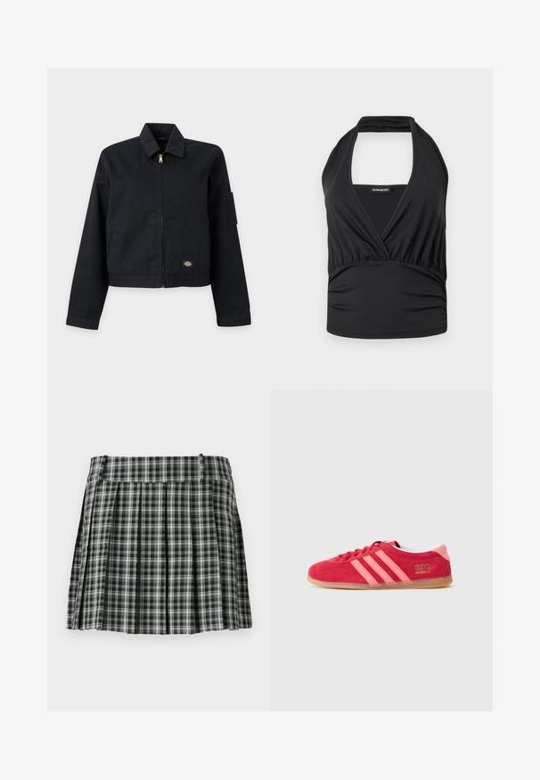 Must lukuga jope kraega, pikad varrukad, väike logo tikand ääre lähedal ja utilitaarne tasku vasaku ülemise varruka peal.; Must musta varrukateta halter-kaelusega top, millel on sügav V-kaelus ja kogutud talje, esitletud ühtlasel heledal taustal.; Mustvalge ruuduline plisseeritud seelik, millel on sile vöökoht ja mitu vertikaalset volti. Valmistatud kergest kangast.; Punane seemisnahast toss koos roosade triipude, kummisest pruunika tallaga ja kuldsete logode detailidega. Omab ümarat ninaosa ja paeltega kinnitamist.