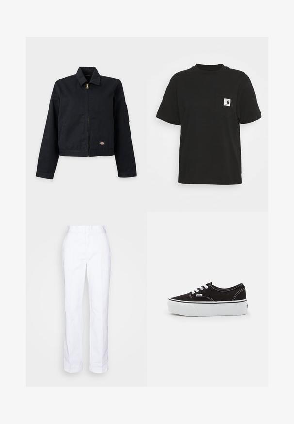 Sort lynlåstrøje med krave, lange ærmer, lille logopatch nær kanten og en nyre lomme på venstre overærme.; Sort bomulds T-shirt med korte ærmer, rund halsudskæring og en lomme foran med et firkantet logo i hvid og sort.; Hvide, lige ben bukser lavet af bomuld. Har flad front, bæltesløjfer og ingen synlige lommer. Glat tekstur og minimalistisk design.; Sort lærred sneakers med en hvid gummi platform sål, der har hvide snørebånd og syninger, ikonisk branding på siden, lav-top design.