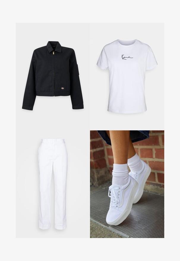 Sort lynlåstrøje med krave, lange ærmer, lille logopatch nær kanten og en nyre lomme på venstre overærme.; Hvid bomulds T-shirt med korte ærmer, med en sort broderet signatur på venstre brystområde. Klassisk crew neck design.; Hvide, lige ben bukser lavet af bomuld. Har flad front, bæltesløjfer og ingen synlige lommer. Glat tekstur og minimalistisk design.; Hvide lærreds sneakers med gummisåler, der har seks snørehuller, rund tå og let sømdetaljer, krydret med hvide ankelstrømper.