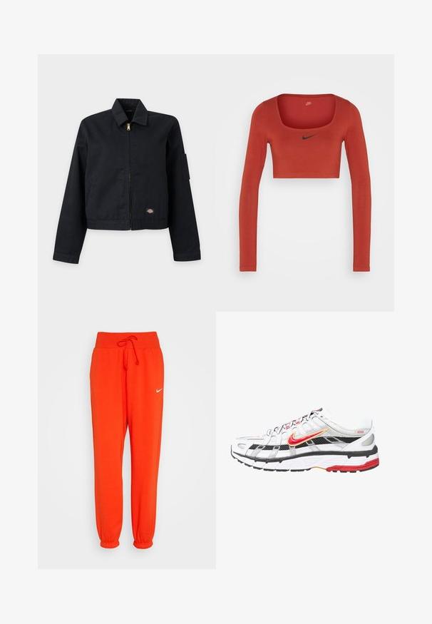 Must lukuga jope kraega, pikad varrukad, väike logo tikand ääre lähedal ja utilitaarne tasku vasaku ülemise varruka peal.; Nike Sportswear W NSW LS CROP TOP SW - Pikkade varrukatega topp - rugged orange/black; Nike Sportswear W PHNX FLC HR OS - Dresside alumine osa - picante red/sail; Valged ja mustad sportlikud jalanõud punaste ja kuldsete akcentidega. Omavad võrgusilma ülemist osa, pehmendatud tallat ja kindlat paelaga kinnitust.