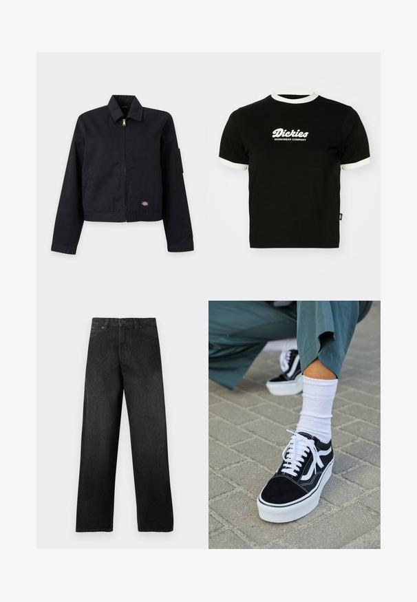 Sort lynlåstrøje med krave, lange ærmer, lille logopatch nær kanten og en nyre lomme på venstre overærme.; Sort bomulds t-shirt med hvid ribbet halsudskæring og ærmekanter. Har hvidt logo-tekst på forsiden: "Dickies Workwear Company." Korte ærmer.; Sorte denimjeans med lige ben, forlommer og bæltestropper, knap- og lynlåslukning, vist på en ensfarvet baggrund.; Sorte ruskinds sneakers med hvide accenter og snørebånd, der har en tyk hvid sål og kontrasterende syninger, parret med en hvid sok.