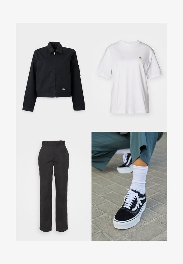 Chaqueta negra con cremallera, con cuello, mangas largas, pequeño parche con logo cerca del dobladillo y bolsillo utilitario en la parte superior izquierda de la manga.; Camisa de algodón blanca con corte relajado, mangas cortas y un pequeño logotipo bordado en el área del pecho izquierdo.; Pantalones negros con una textura suave, diseño de pierna recta y cintura con cinturón. Presenta una silueta simple y clásica sin patrones adicionales.; Zapatillas de ante negro con acentos y cordones blancos, que cuentan con una gruesa suela blanca y costuras en contraste, combinadas con un calcetín blanco.