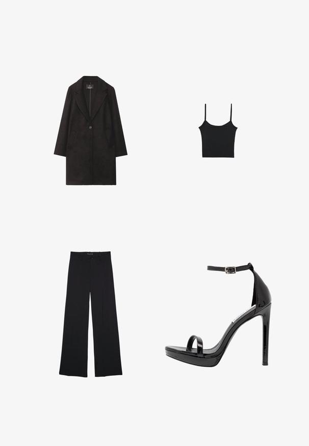 Manteau en laine noire avec un col notch, fermeture à un bouton et deux poches avant. Silhouette droite avec des manches longues.; Stradivarius Débardeur - black; Pantalon noir à jambes larges avec passants de ceinture, bouton frontal et fermeture éclair, étalé à plat sur un fond blanc.; Steve Madden MILANO - Sandales à talons hauts - black
