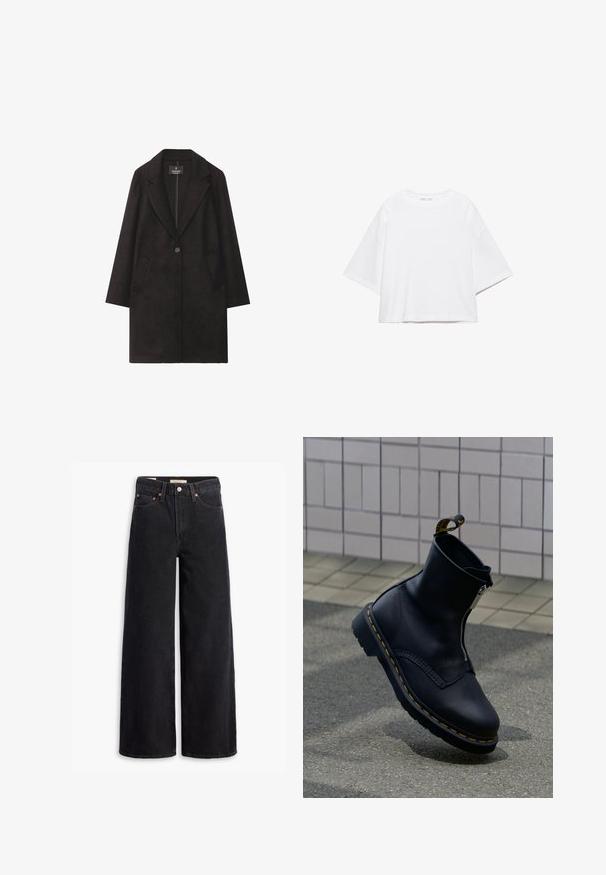Manteau en laine noire avec un col notch, fermeture à un bouton et deux poches avant. Silhouette droite avec des manches longues.; T-shirt blanc à manches courtes, coupe carrée, en coton doux. Présente un col rond et des manches larges, avec un design épuré et simple.; Jean noir à jambe large en denim, comportant cinq poches, des rivets en laiton et une fermeture à bouton classique. Texture lisse avec un design épuré.; Bottine en cuir noir avec fermeture éclair latérale, surface texturée, surpiqûres jaunes en accent et semelle en caoutchouc.