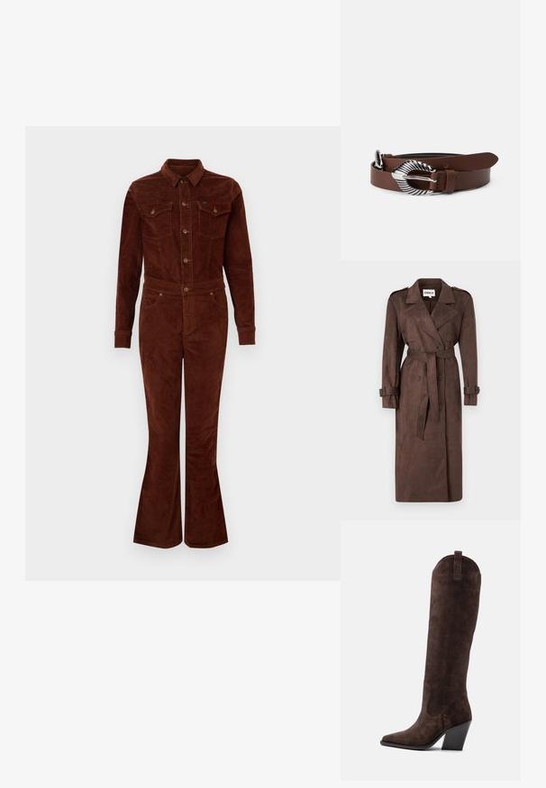 ONLY ONLINA LONG - Καμπαρντίνα - chocolate brown; Καφέ κοτλέ φόρεμα με γιακά, μακριά μανίκια, φαρδιά μπατζάκια, τσέπες στο στήθος και μεταλλικές λεπτομέρειες από κουμπιά. Απαλή υφή και εφαρμοστή σχεδίαση.; Ψηλή καφέ καουμπόικη μπότα από καστόρι με μυτερή μύτη και κεκλιμένη τακούνι μπλοκ σε λευκό φόντο.; Καφέ δερμάτινη ζώνη με ευρεία, υφασμάτινη ασημί αγκράφα. Η ζώνη έχει λείο φινίρισμα και διαθέτει πολλαπλές τρύπες προσαρμογής.