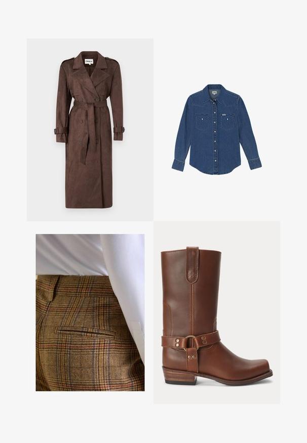 ONLY ONLINA LONG - Trenchcoat - chocolate brown; Wrangler LONG SLEEVE WESTERN FOR REGULAR FIT - Overhemdblouse - dark wash; Bruine geruite broek met een gestructureerde stof. Beschikt over blauwe en rode lijnen, een achterzak en een getailleerde pasvorm. Draagt bij een wit overhemd.; Bruine leren midkuitlaars met een lage houten hak, ronde neus en een decoratieve band met metalen studs rond de enkel.