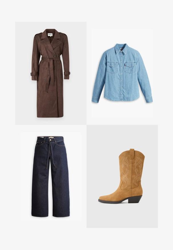 ONLY ONLINA LONG - Trenchcoat - chocolate brown; Lichtblauwe spijker blouse met lange mouwen, puntige kraag, twee borstzakken, knoopsluiting en subtiele textuur. Geen zichtbare patronen.; Wijd pijpjes donkerblauwe denim jeans met een hoge taille, voorzien van een trekkoord, vijf zakken en contrasterende stiksels.; Tan suède cowboylaars met een spitse neus, decoratieve stiksels in een draaiend patroon, een middelhoge hak en een trekband voor gemakkelijk aan- en uittrekken.