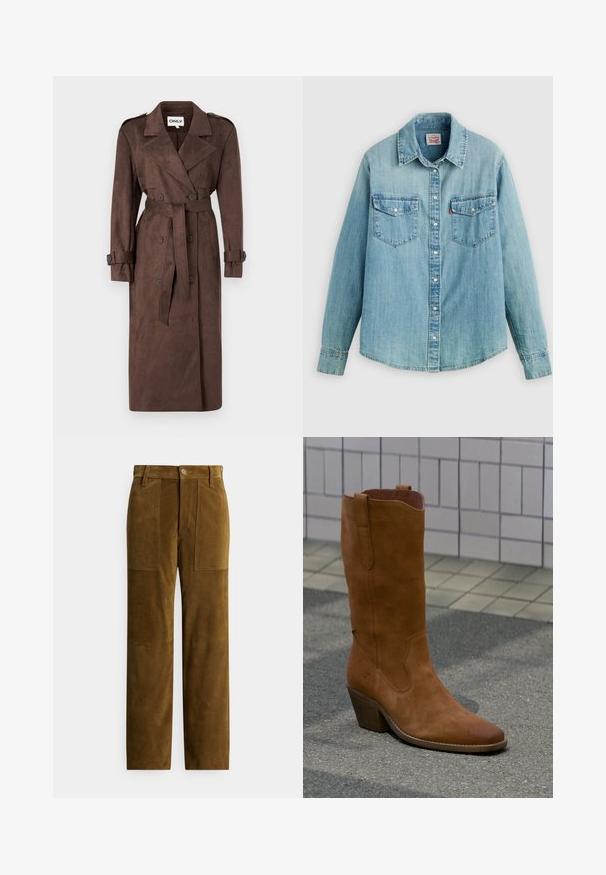 ONLY ONLINA LONG - Trenčkot - chocolate brown; Svetlomodrá rifľová košeľa s klasickým golierom, zapínaním na gombíky vpredu, dvoma náprsnými vreckami, manžetami na gombíky a mierne zaobleným spodným lemom.; Hnedé semišové nohavice s rovno strihaným strihom, vybavené dvoma prednými nášivkovými vreckami a hladkou textúrou. Zapínanie na gombík v páse.; Jedna hnedá semišová kovbojská čižma s vrstveným podpätkom na šedom chodníku vedľa béžovej obkladovej steny.