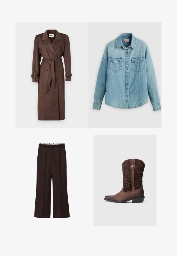 ONLY ONLINA LONG - Trenchcoat - chocolate brown; Lyseblå denimskjorte med klassisk krave, knaplukning foran, to brystlommer og manchetter med knap samt en let buet kant forneden.; Viddebukser i mørkebrun stof, med høj talje, dobbelte læg og sidelommer. Glat tekstur med bæltestropper.; Brun lædercowboystøvle med en tekstureret overdel i ruskind, detaljeret hvid syning, spids tå og en lav blokhæl.