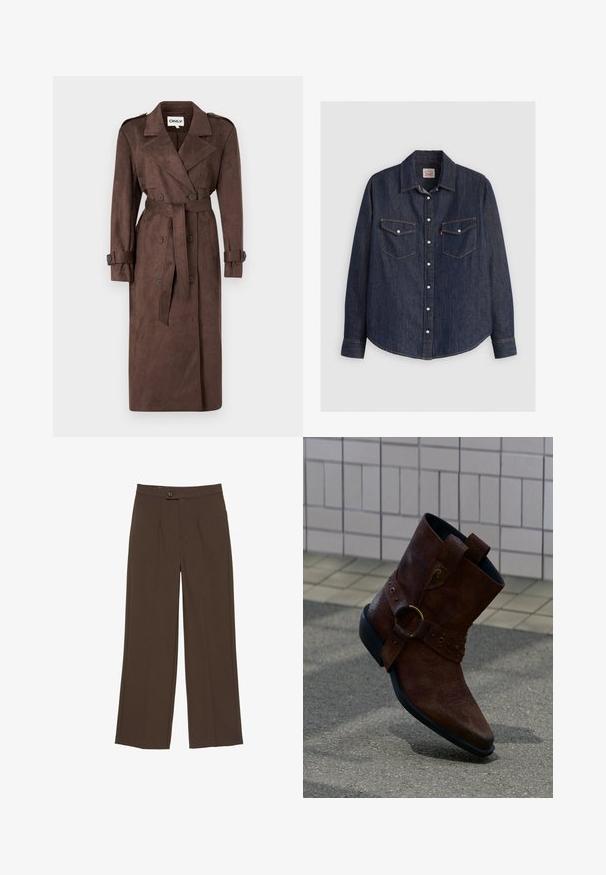 ONLY ONLINA LONG - Trenchcoat - chocolate brown; Mørkeblå denimskjorte med lange ærmer, knaplukning fortil, to brystlommer med klapper og kontrasterende gule sømme.; Brune bukser med vide ben, med frontknap og skjult lynlås, med pressede folder langs benene.; Brun læder ankelstøvle med dekorativ spænde og syning, hvilende på en tekstureret overflade med flisebelagt væg i baggrunden.