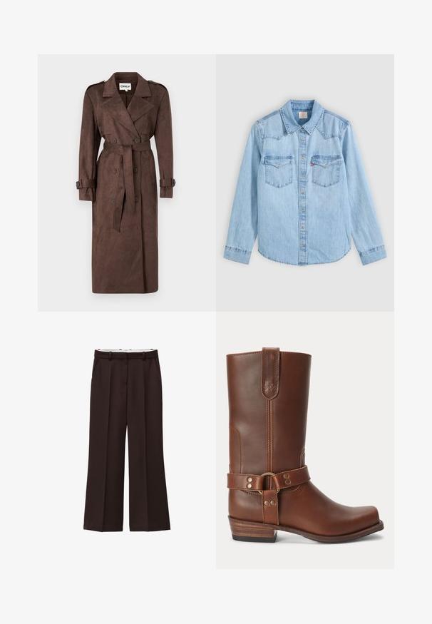 ONLY ONLINA LONG - Trenchcoat - chocolate brown; Hellblaues Jeanshemd mit langen Ärmeln, Knopfleiste, zwei Brusttaschen mit Klappen und einem klassischen spitzen Kragen vor grauem Hintergrund.; Weite Hose aus dunkelbraunem Stoff mit hohem Bund, doppelten Falten und seitlichen Taschen. Glatte Textur mit Gürtelschlaufen.; Brauner Lederstiefel bis zur Mitte der Wade mit niedrigem Holzabsatz, runder Spitze und dekorativem Riemen mit Metallnieten rund um den Knöchel.