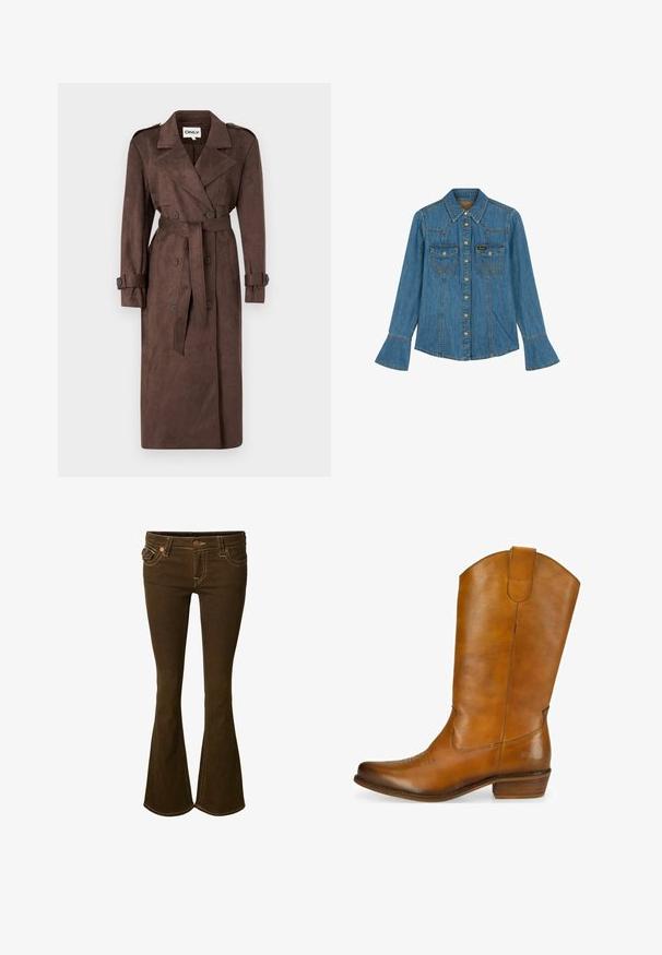 ONLY ONLINA LONG - Trenchcoat - chocolate brown; Blaues Denim-Langarmhemd mit spitzem Kragen, Knopfleiste vorne, zwei Brusttaschen mit Knopflaschen und ausgestellten Manschettendetails.; Braune Schlagjeans aus weichem Stoff, mit kontrastierenden Nähten, vorderen Taschen und einem Knopfverschluss am Bund.; Hellbraune Cowboy-Stiefel aus Leder mit glatter Oberfläche, geschwungenem Schaft, dekorativem Stichmuster an der Spitze und einem niedrigen, gestapelten Absatz. Braunes Akzenten-Logo an der Seite.