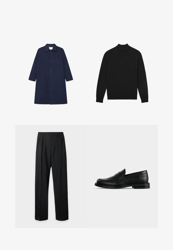 Manteau en mélange de laine bleu marine avec une fermeture à boutons, des manches longues et des poches latérales. Doté d'un col classique et d'un design longueur genou.; Pull noir à manches longues avec un col rond montant et des poignets et un ourlet côtelés, posé à plat sur un fond blanc.; Pantalon noir taille haute, sur-mesure, avec passants pour ceinture, plis sur le devant, fermeture par bouton et jambes droites larges sur fond clair.; Mocassin penny pour homme en cuir noir avec talon bas empilé et bout arrondi, vu de profil sur fond gris clair.