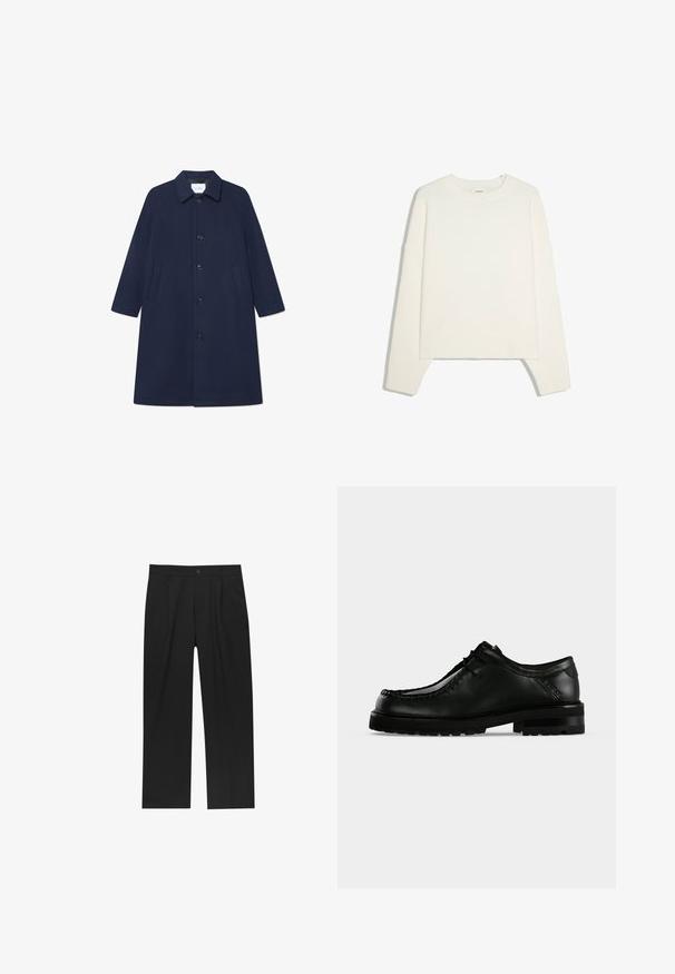 Manteau en mélange de laine bleu marine avec une fermeture à boutons, des manches longues et des poches latérales. Doté d'un col classique et d'un design longueur genou.; Pull blanc à manches longues avec col rond, poignets et bas côtelés, posé à plat sur un fond blanc.; Pantalons noirs au design droit, fabriqués à partir d'un tissu lisse. Dotés de plis sur le devant et d'une fermeture à un bouton à la taille.; Chaussure en cuir noir à lacets avec semelle épaisse en caoutchouc et couture moc toe, vue de profil gauche sur fond clair uni.