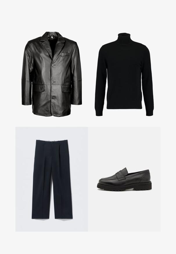 Zwarte leren blazer met een notch lapel, sluiting met twee knopen, twee voorkruiden en een gladde textuur. Op maat gemaakte ontwerp met een getailleerd silhouet.; Zwarte coltrui gemaakt van een zacht breimateriaal. Heeft lange mouwen, een geribbelde kraag en zoom. Eenvoudig, strak ontwerp zonder patronen.; Donkerblauwe broek van gladde stof, met een getailleerde pasvorm, twee steekzakken aan de voorkant en een knoopsluiting.; Zwarte leren loafers met een ronde neus, gestikte details en een dikke, gestructureerde zool. Heeft een strak, minimalistisch ontwerp.