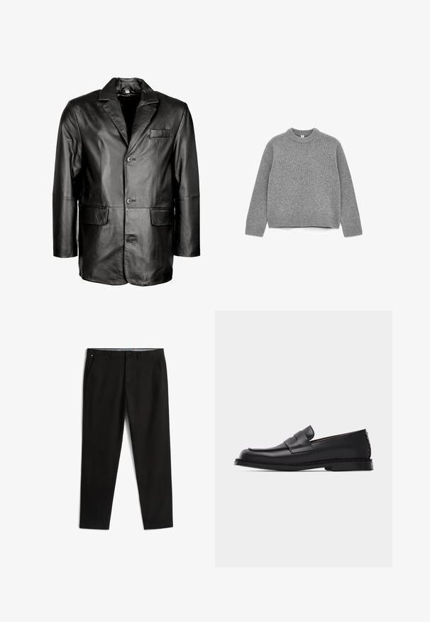 Schwarze Lederblazer mit Reverskragen, Zwei-Knopf-Verschluss, zwei vorderen Taschen und glatter Oberfläche. Maßgeschneiderte Passform mit figurbetontem Schnitt.; Grauer Strickpullover mit rundem Halsausschnitt, langen Ärmeln, gerippten Bündchen und Saum sowie einer weichen Textur.; Schwarze, maßgeschneiderte Herrenhose mit Fronttaschen, Gürtelschlaufen und Knopfverschluss vor weißem Hintergrund.; Schwarzer Penny-Loafer aus Leder mit niedrigem Absatz, abgerundeter Spitze und dekorativem Riemen über dem Vorderfuß, vor einem einfarbigen hellen Hintergrund.