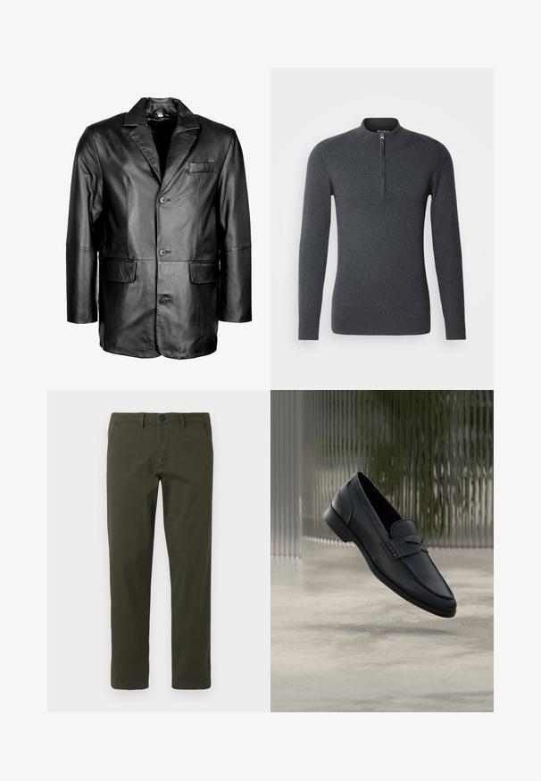 Schwarze Lederblazer mit Reverskragen, Zwei-Knopf-Verschluss, zwei vorderen Taschen und glatter Oberfläche. Maßgeschneiderte Passform mit figurbetontem Schnitt.; Dunkelgrauer Pullover mit hohem Kragen und kurzem Reißverschluss an der Vorderseite. Aus weichem, strukturiertem Stoff mit langen Ärmeln und gerippten Bündchen.; Olivgrüne, gerade geschnittene Hosen aus Baumwoll-Mischgewebe. Mit Reißverschluss, Gürtelschlaufen und zwei seitlichen Taschen. Glatte Textur.; Schwarzer Lederloafer mit glatter Oberfläche, spitzer Zehenpartie und gestickten Details über dem Spann. Niedriger Absatz und minimalistisches Design.